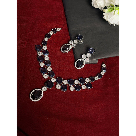 Deep Blue & White American Diamond Cushion Cut Oval Drop Necklace Set with Earrings