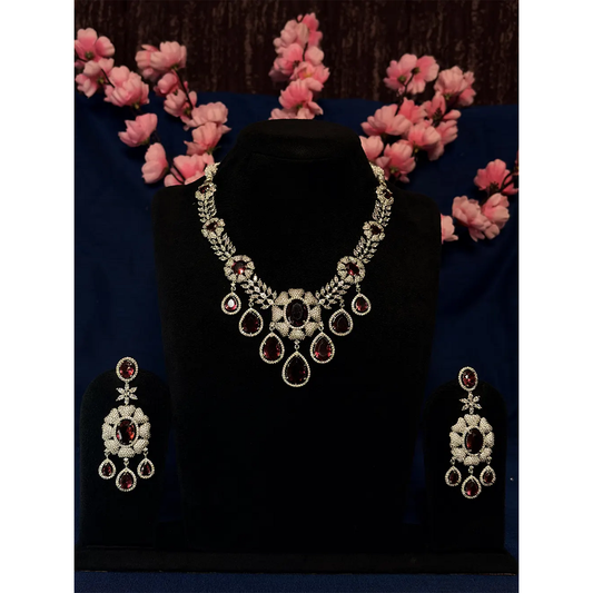 Deep Maroon & White American Diamond Floral Teardrop Bridal Necklace Set with Dangler Earrings