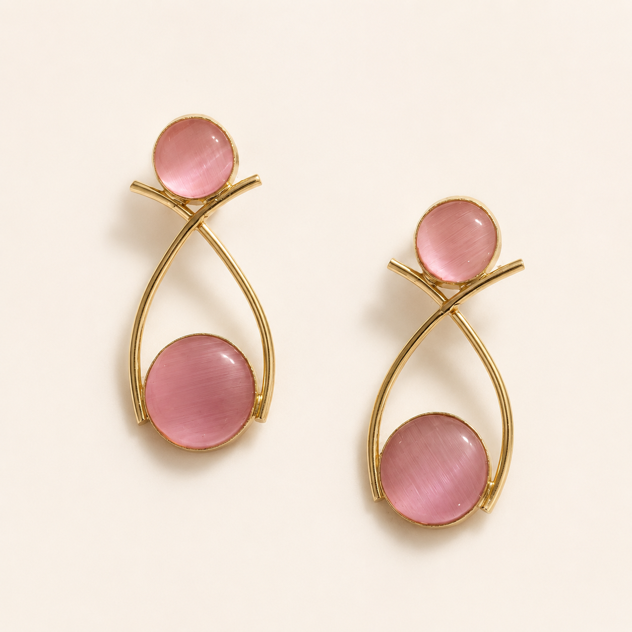 Rose Pink brass double-circle loop earrings on ivory