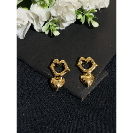 Double Heart Gold Plated Dangler Anti Tarnish Earrings