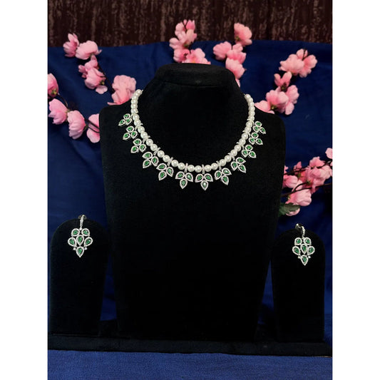Emerald Green American Diamond & Pearl Floral Necklace Set with Earrings