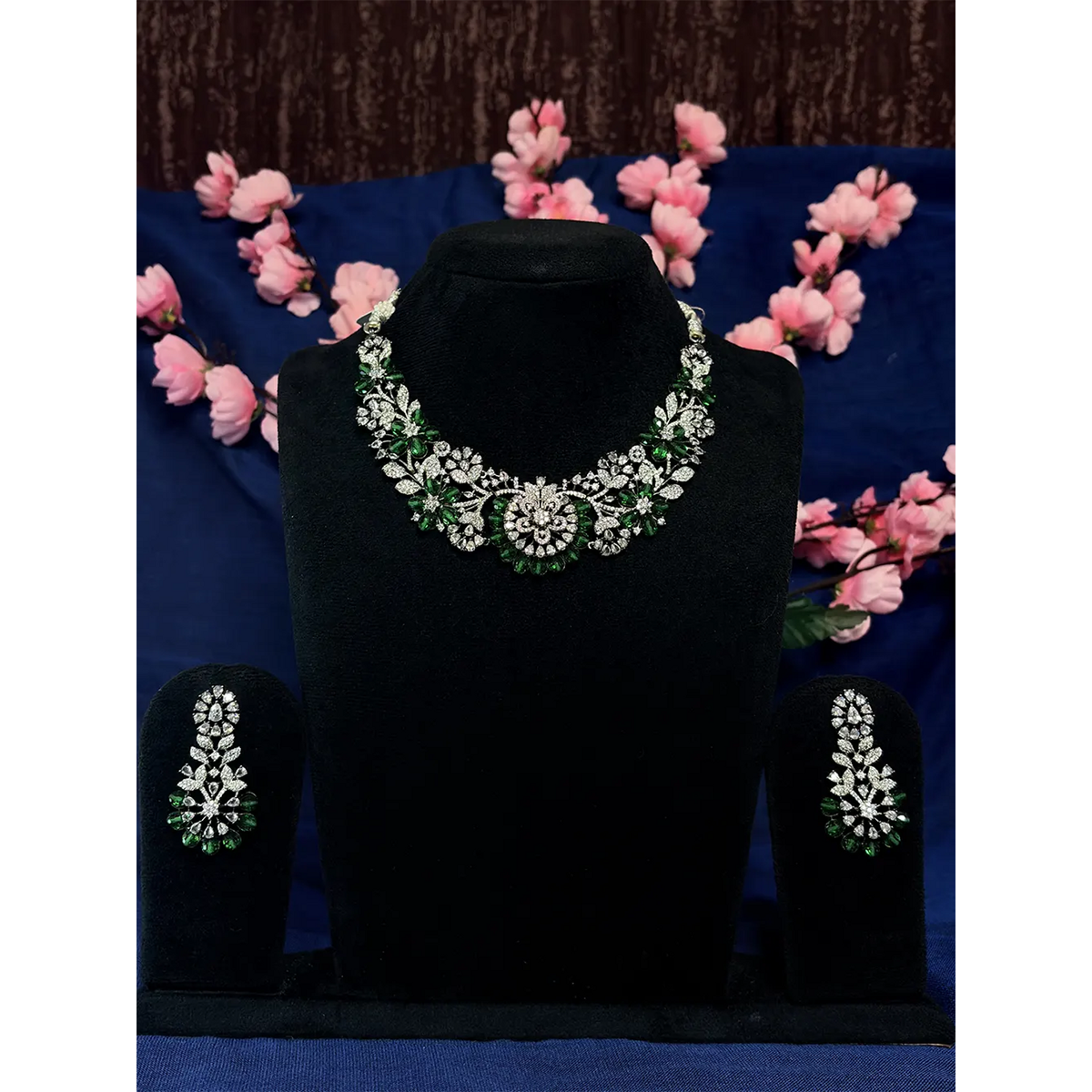 Emerald Green Floral Garden American Diamond Necklace Set with Earrings
