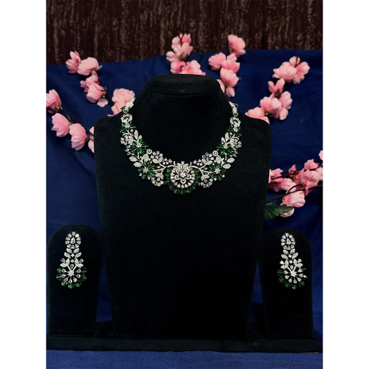 Emerald Green Floral Garden American Diamond Necklace Set with Earrings