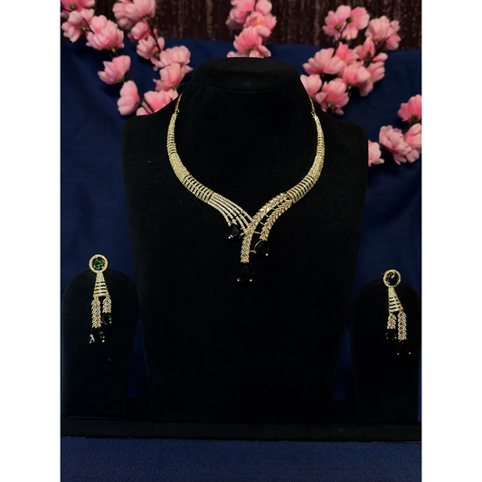 Emerald Green & Gold American Diamond Wheat Leaf V-Drop Necklace Set with Dangler Earrings