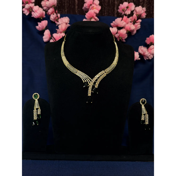 Emerald Green & Gold American Diamond Wheat Leaf V-Drop Necklace Set with Dangler Earrings