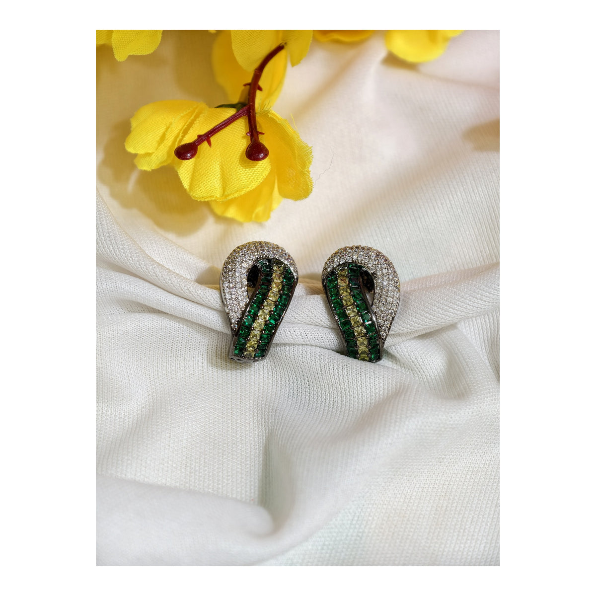 Emerald Green Nano Setting AD Huggie Earrings