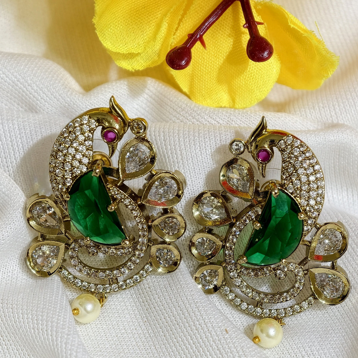 Close-up of Emerald Green Nano Setting AD Peacock Earrings