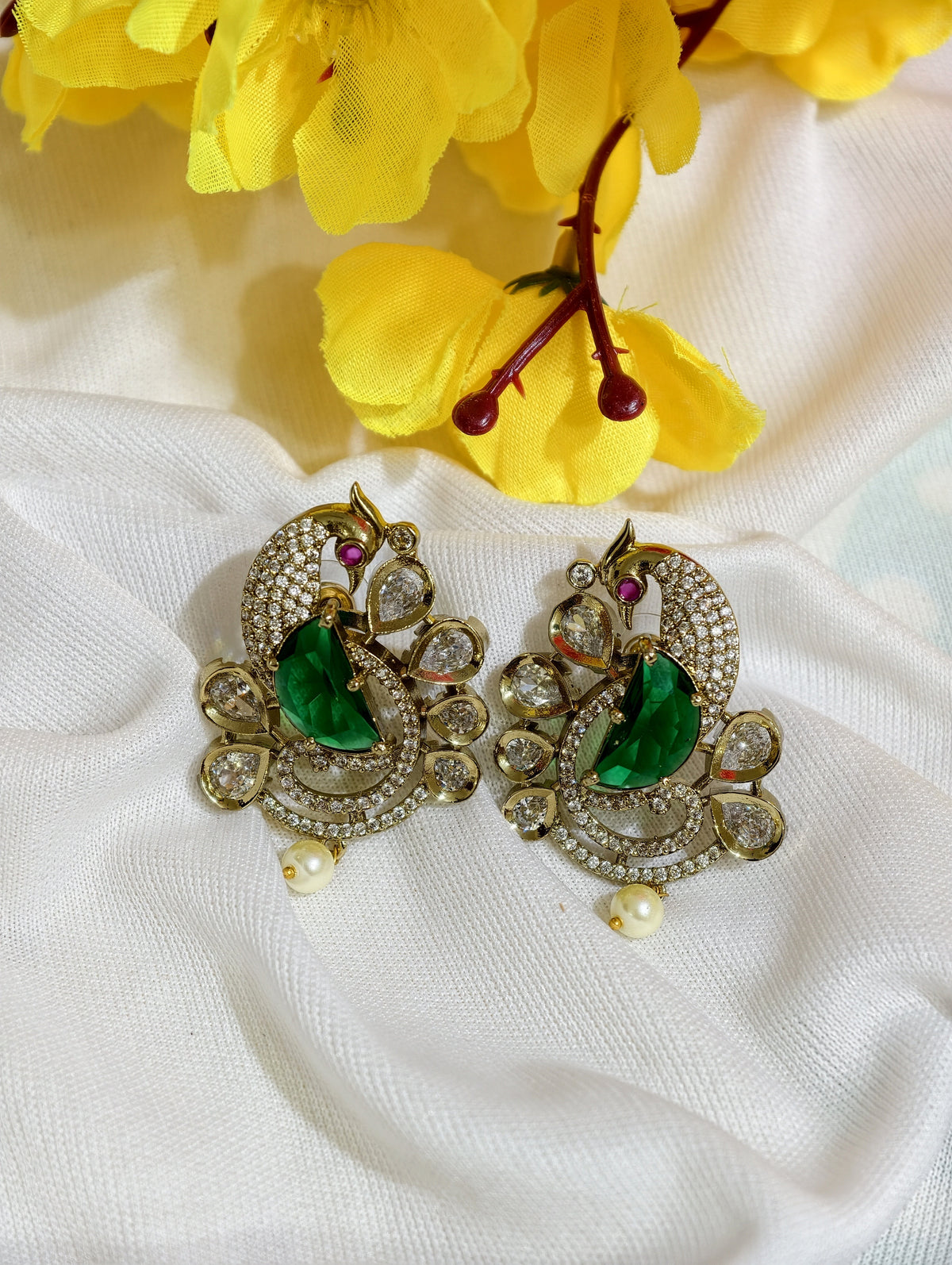 Original product view of Emerald Green Nano Setting AD Peacock Earrings