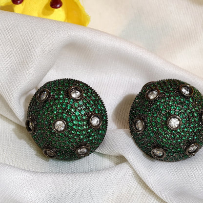 Close-up of Emerald Green Nano Setting AD Round Stud Earrings