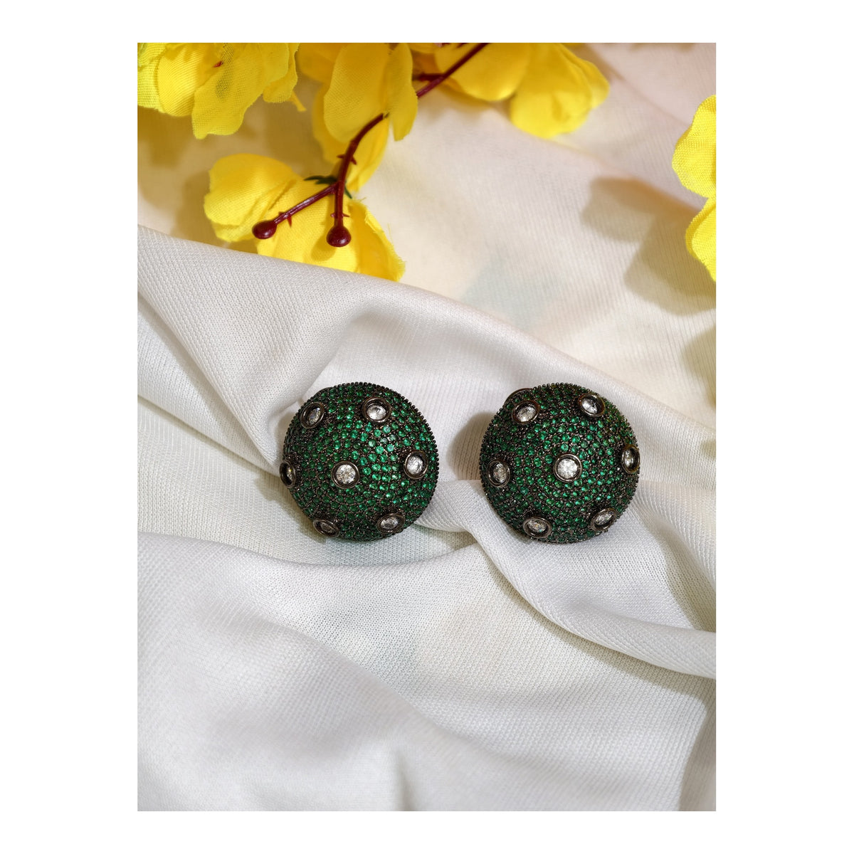 Emerald Green Nano Setting AD Round Stud Earrings