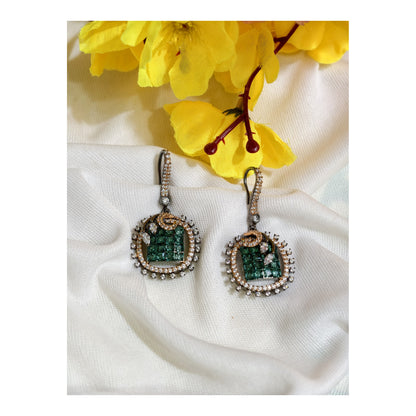 Emerald Green Nano Setting AD Square Drop Earrings