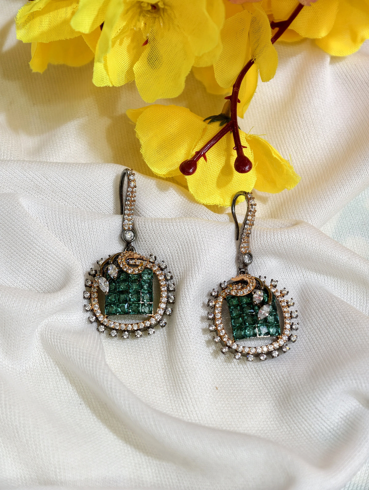 Original product view of Emerald Green Nano Setting AD Square Drop Earrings