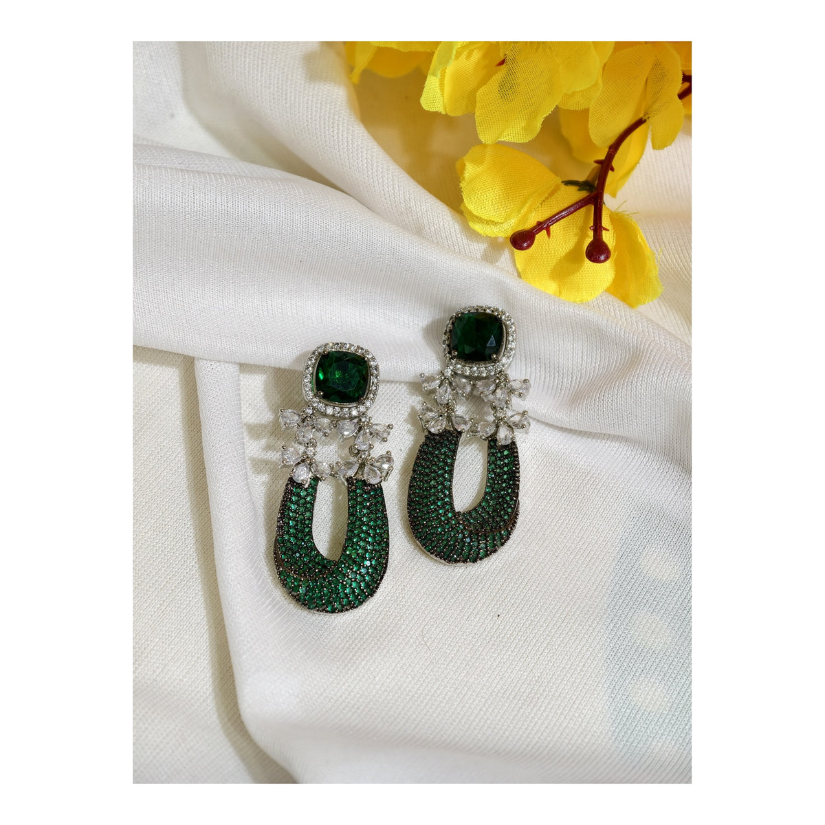 Emerald Green Nano Setting AD Statement Drop Earrings