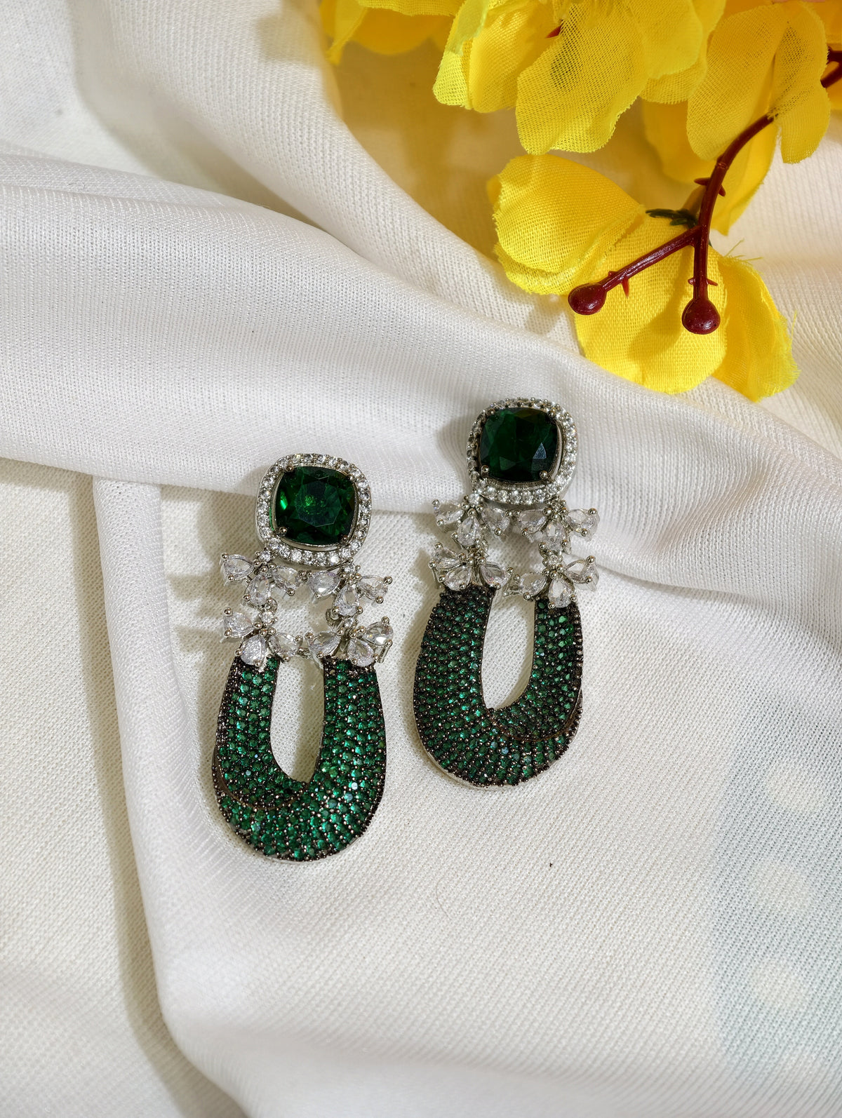 Original product view of Emerald Green Nano Setting AD Statement Drop Earrings