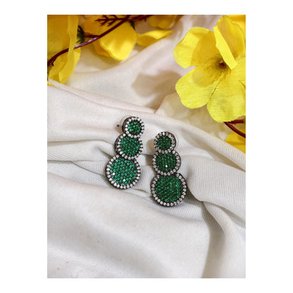 Emerald Green Nano Setting AD Triple Round Drop Earrings