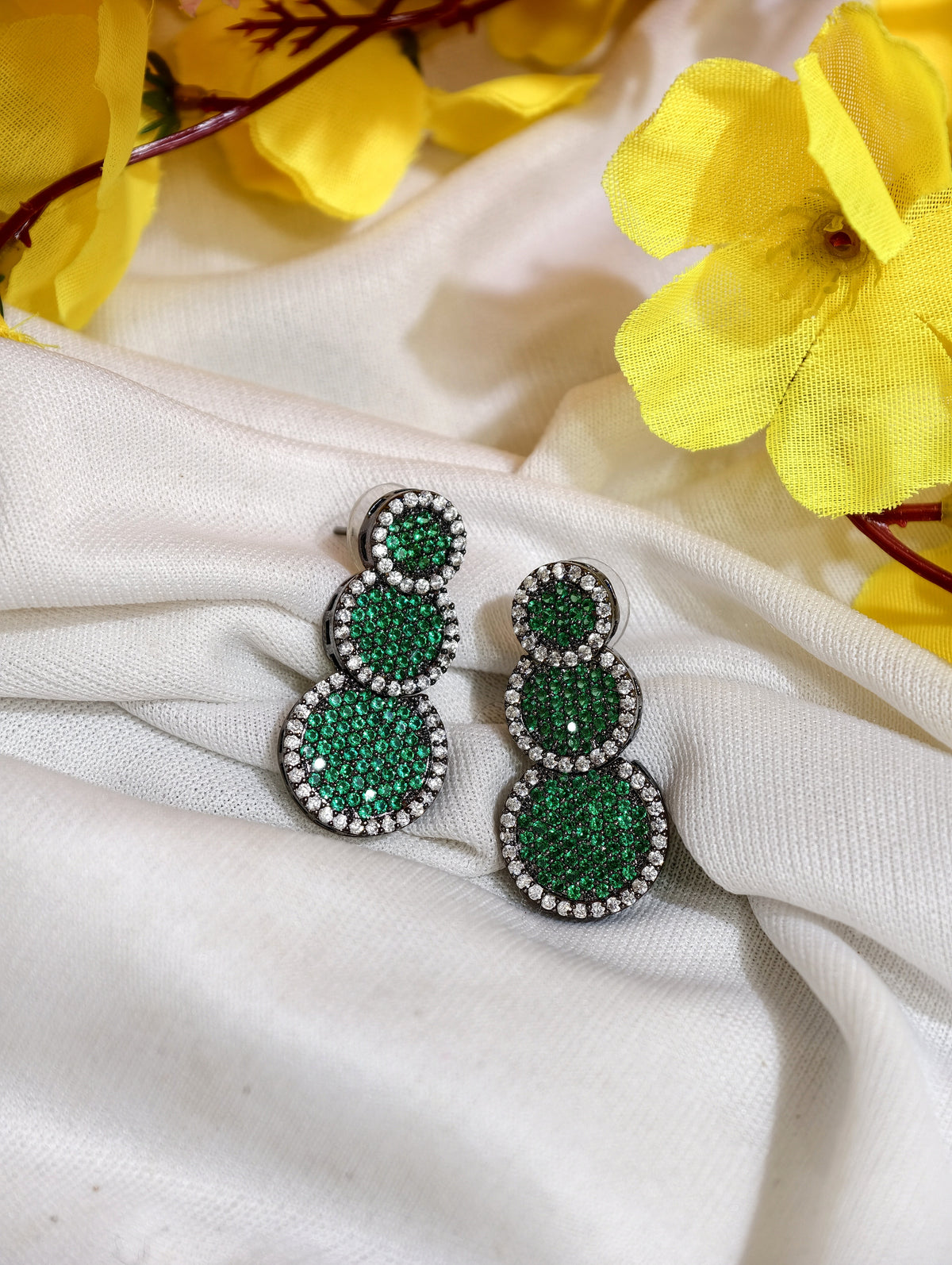 Original product view of Emerald Green Nano Setting AD Triple Round Drop Earrings