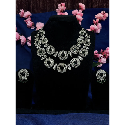 Emerald Green & White American Diamond Circular Medallion Bridal Necklace Set with Earrings