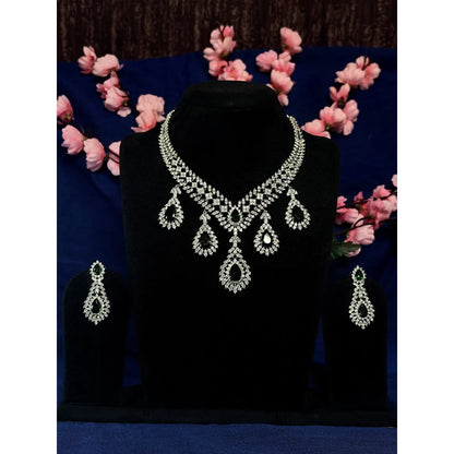 Emerald Green & White American Diamond Teardrop Necklace Set with Earrings