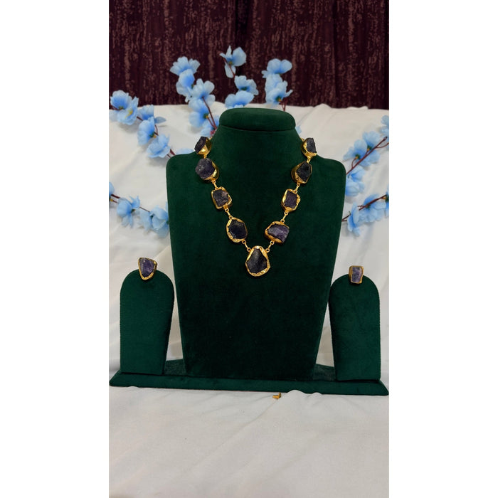Genuine Uncut Amethyst Brass Statement Necklace Set