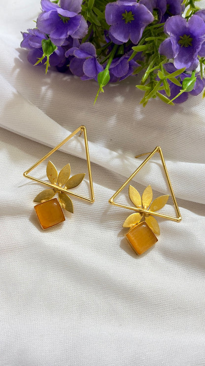 Amber brass geometric leaf statement earrings original view