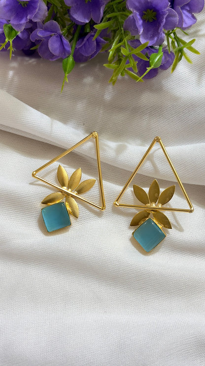 Aqua Blue brass geometric leaf statement earrings original view