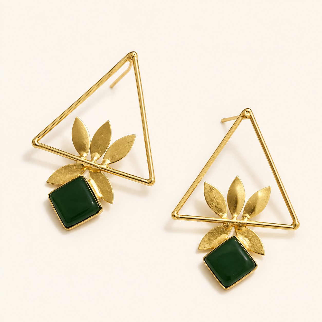 Emerald Green brass geometric leaf statement earrings on ivory