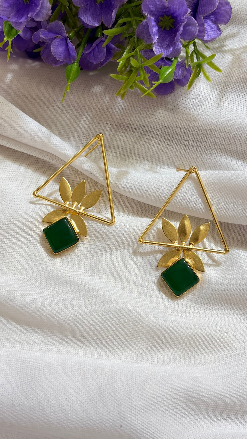Emerald Green brass geometric leaf statement earrings original view