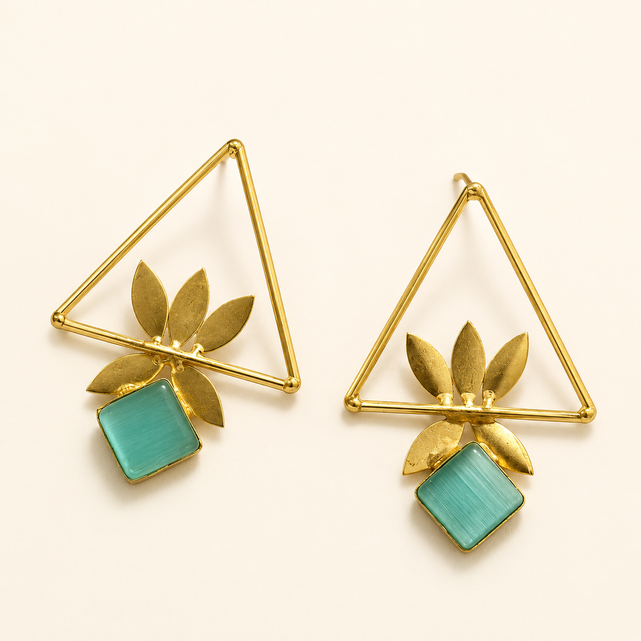 Mint Green brass geometric leaf statement earrings on ivory