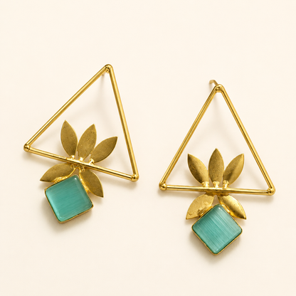 Mint Green brass geometric leaf statement earrings on ivory