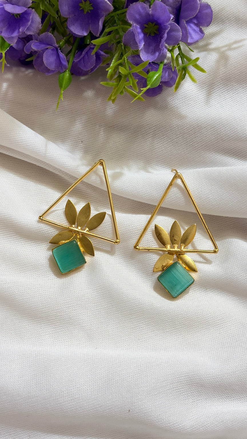 Mint Green brass geometric leaf statement earrings original view
