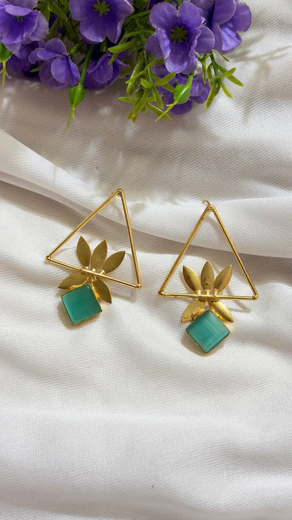 Mint Green brass geometric leaf statement earrings original view