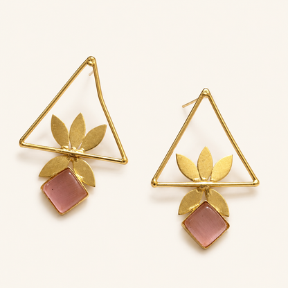 Rose Pink brass geometric leaf statement earrings on ivory