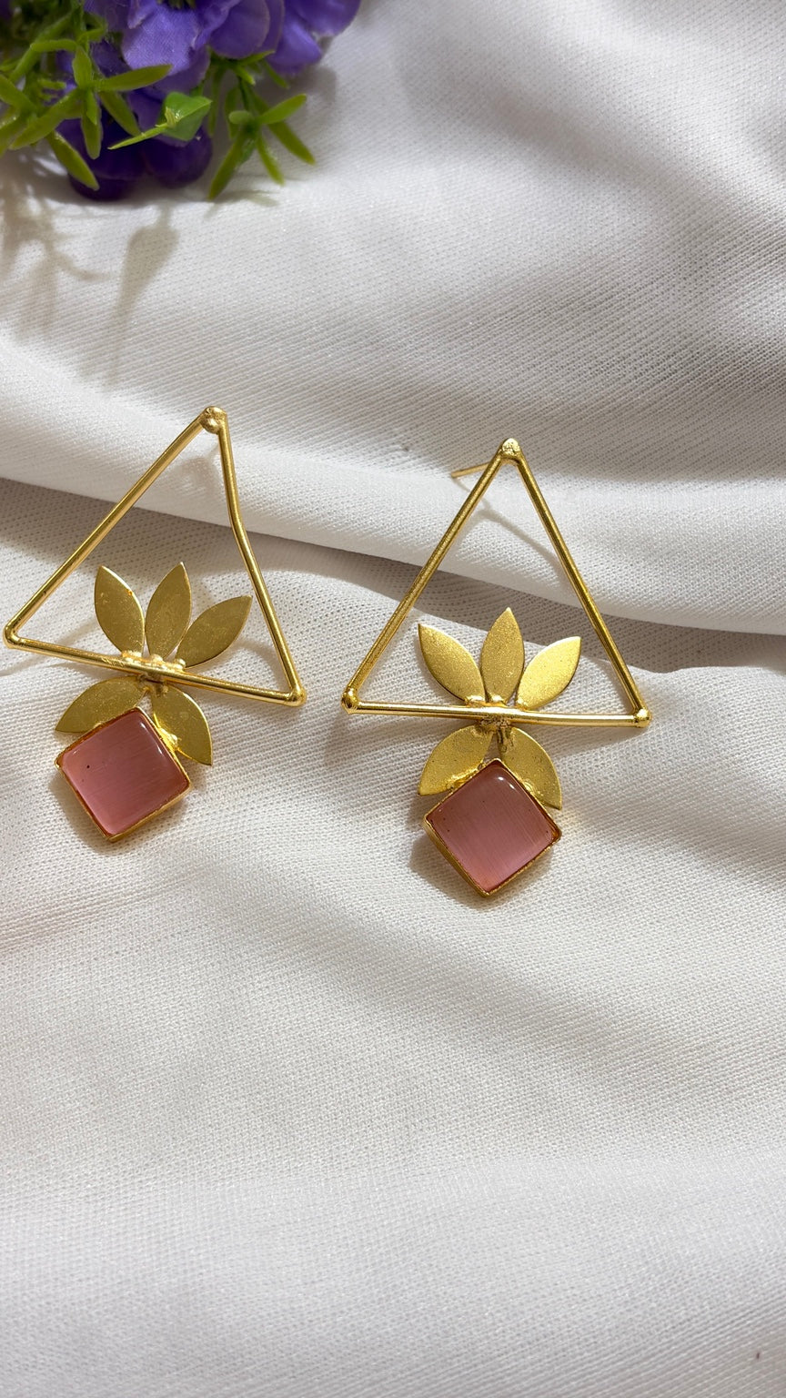 Rose Pink brass geometric leaf statement earrings original view