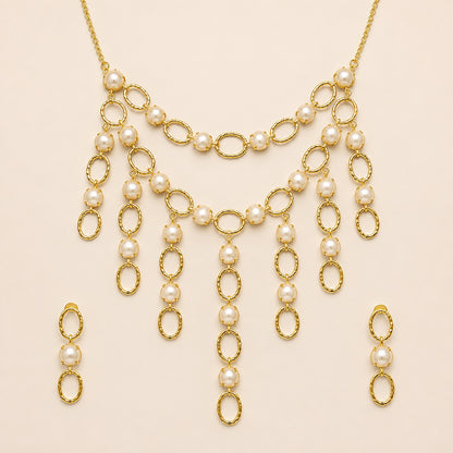 Gold-tone brass oval-link pearl-style necklace set with matching earrings