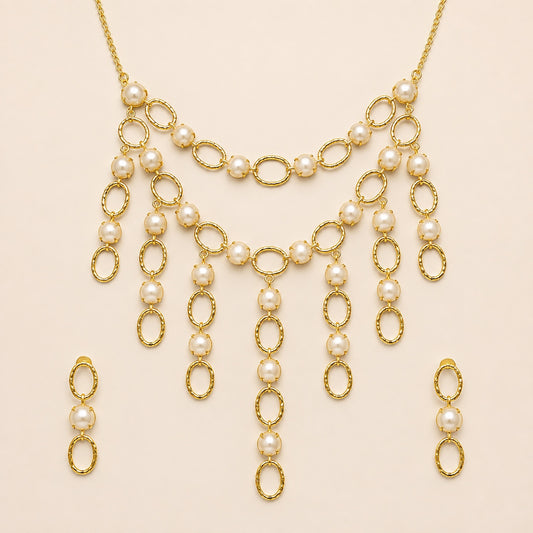 Gold-tone brass oval-link pearl-style necklace set with matching earrings