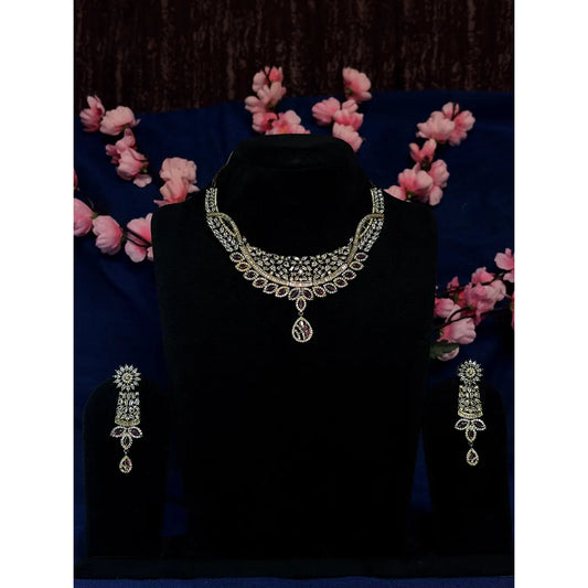 Gold Tone Ruby & White AD Baguette Floral Drop Necklace Set