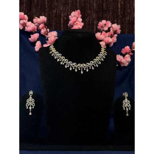 Gold Tone White AD Marquise Leaf Swirl Necklace Set