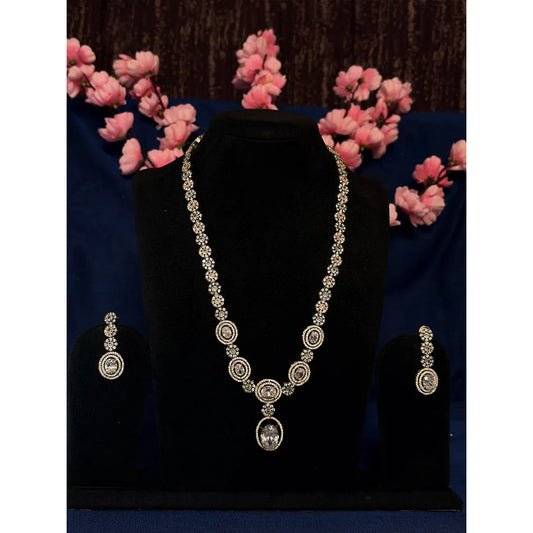 Gold Tone White American Diamond Long Oval Solitaire Graduated Chain Necklace Set with Drop Earrings