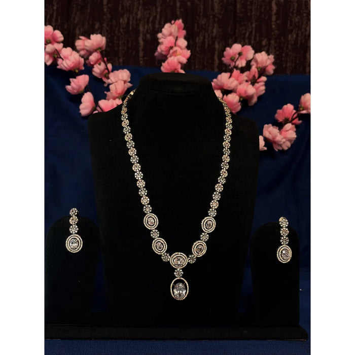 Gold Tone White American Diamond Long Oval Solitaire Graduated Chain Necklace Set with Drop Earrings