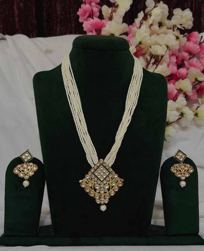 Kundan Pearl-Strand Long Necklace Set with Earrings