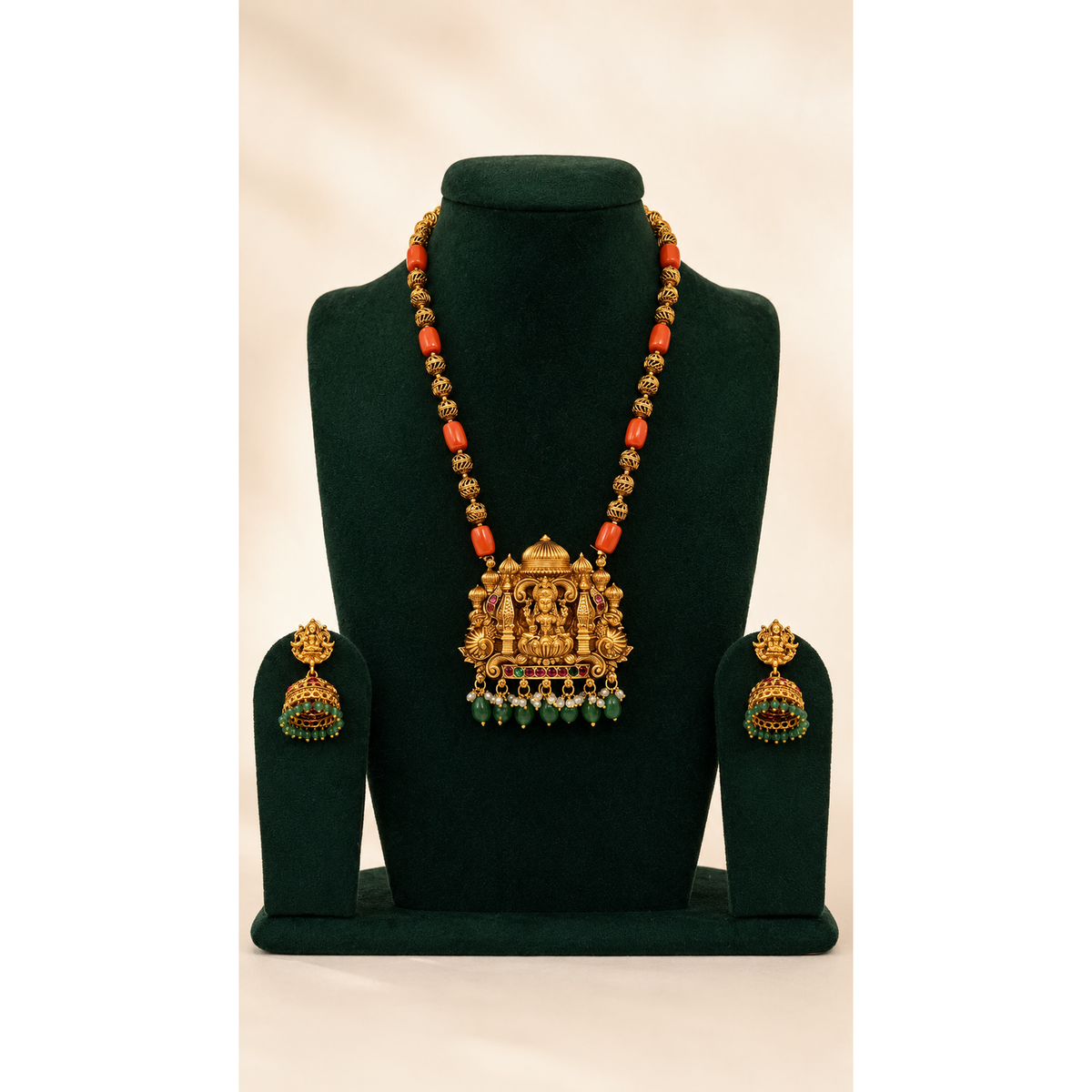 Lakshmi Motif Temple Long Necklace Set with Red Coral Beads