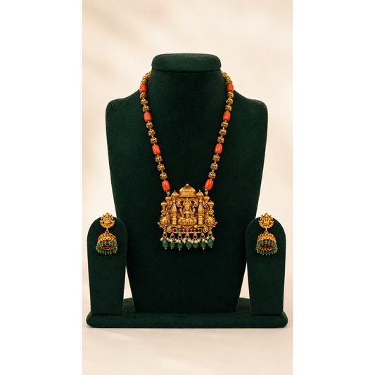 Lakshmi Motif Temple Long Necklace Set with Red Coral Beads