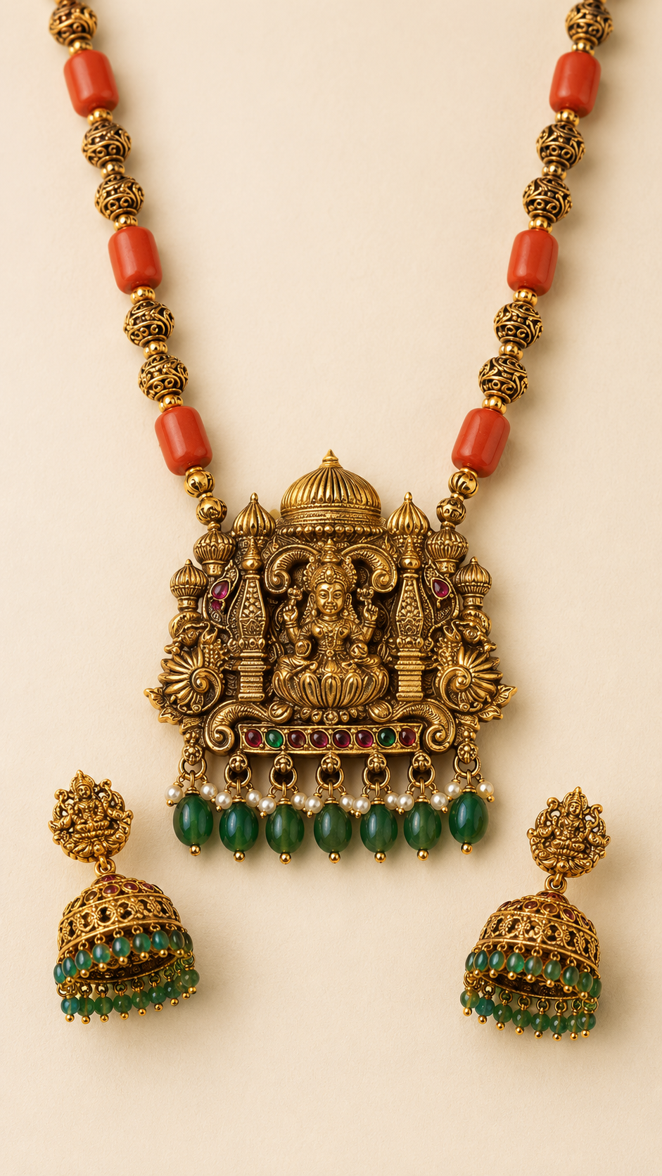 Close detail of Lakshmi motif temple pendant with red beads and matching jhumka earrings