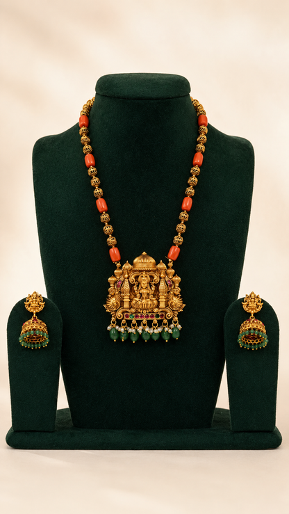 Optimized Lakshmi motif temple long necklace set with red coral beads and matching earrings