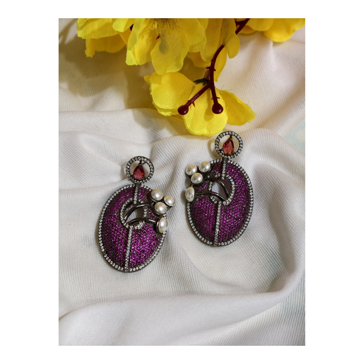 Magenta Nano Setting AD Oval Statement Earrings
