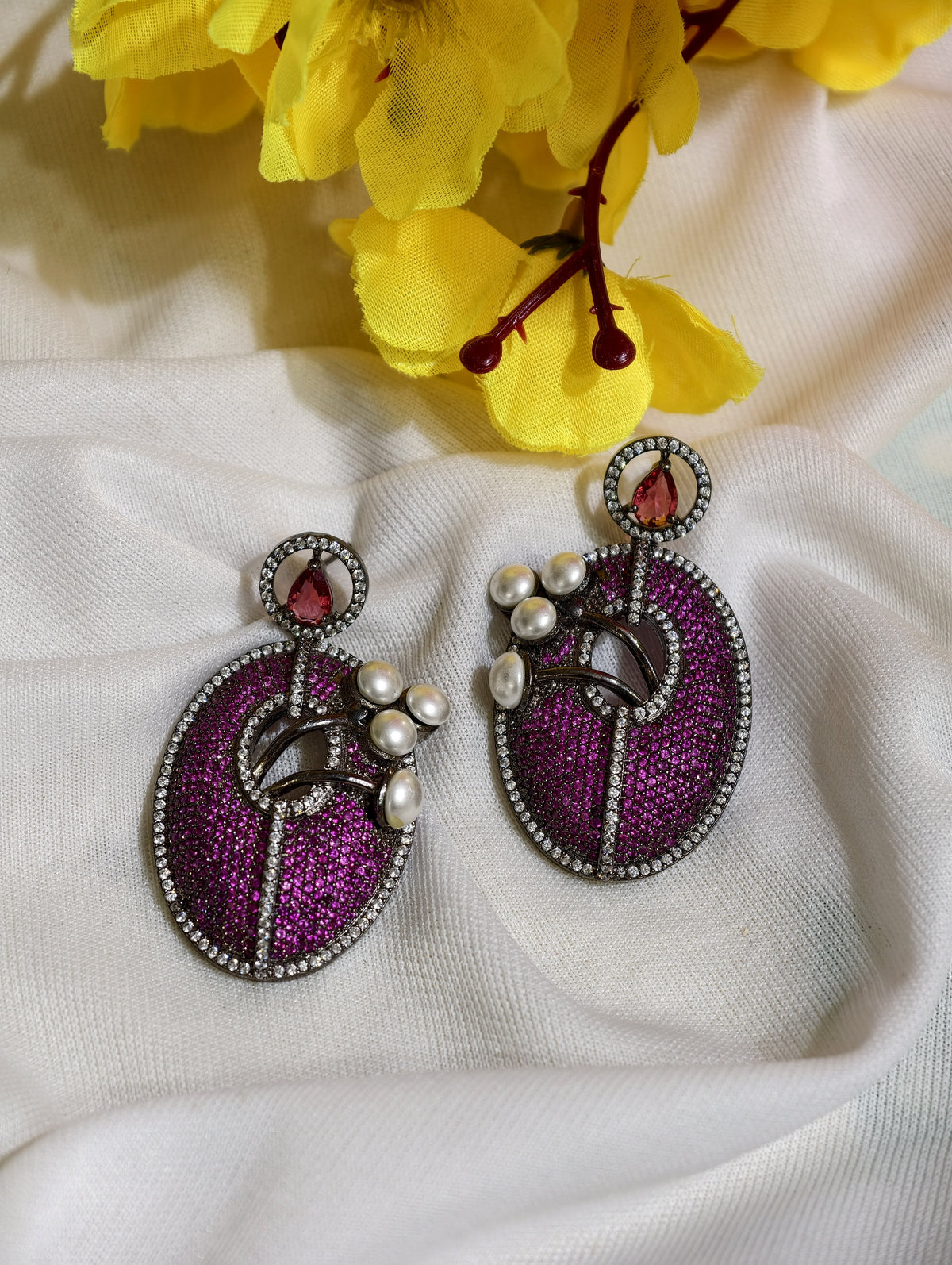Original product view of Magenta Nano Setting AD Oval Statement Earrings