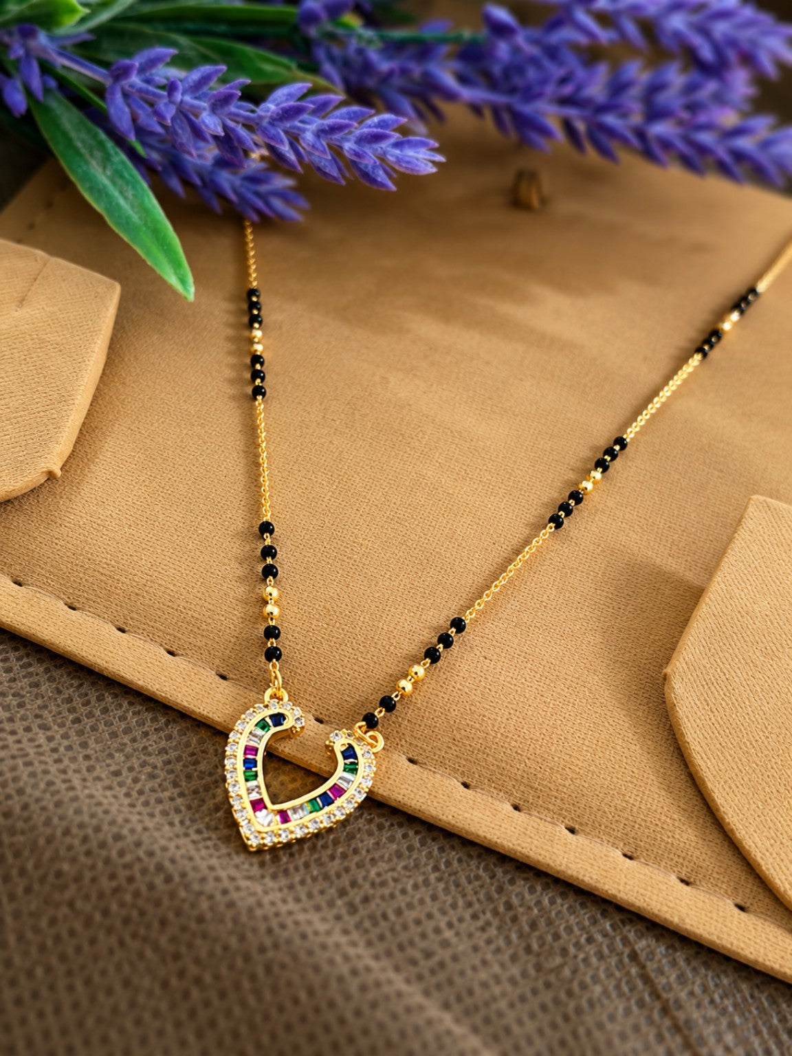 Micro gold-plated black bead mangalsutra with multicolour heart-shaped stone pendant