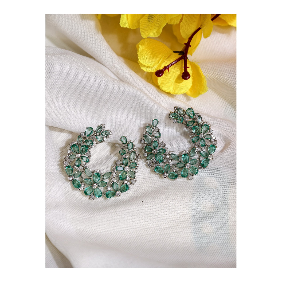Mint Green Nano Setting AD Floral Hoop Earrings
