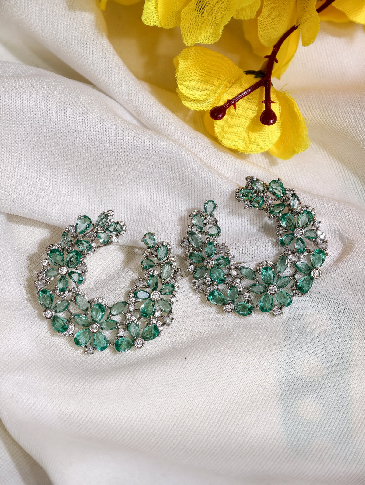 Original product view of Mint Green Nano Setting AD Floral Hoop Earrings