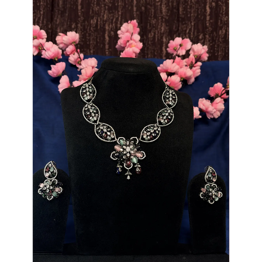 Multicolour Cabochon & AD Stone Floral Pendant Necklace Set